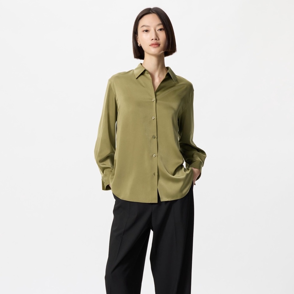 Uniqlo Satin Long-Sleeve Blouse (Olive, Size S)